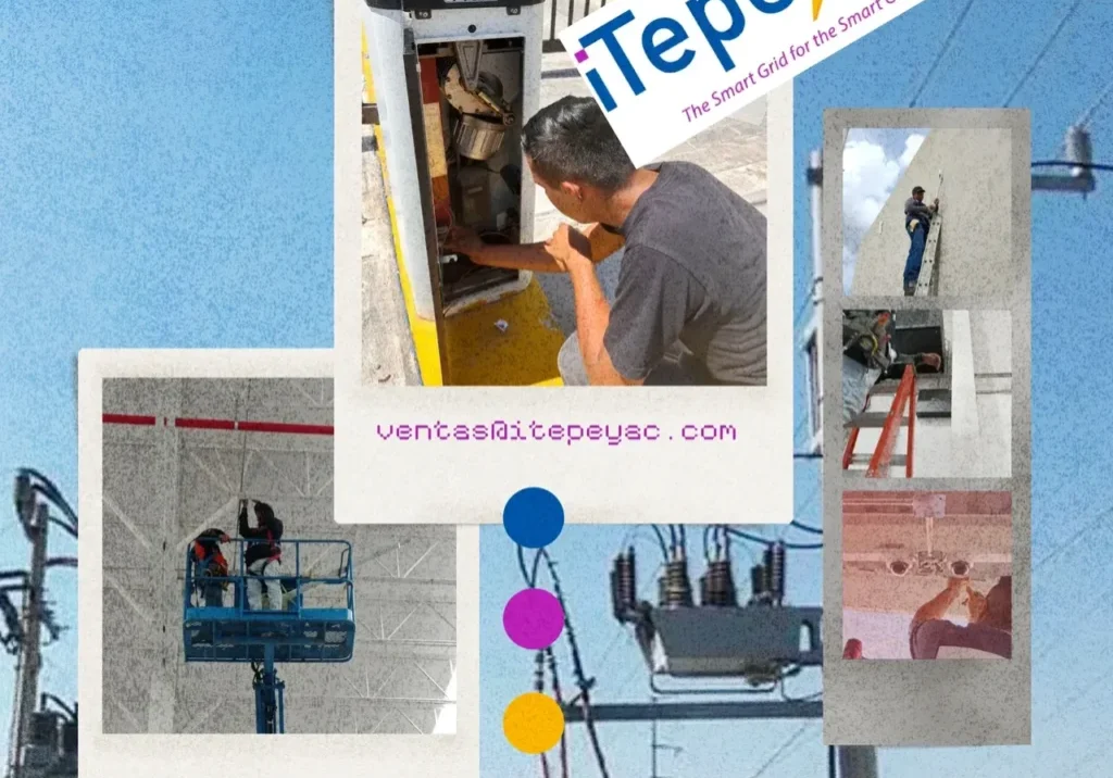 Technician inspecting electrical equipment and power lines.