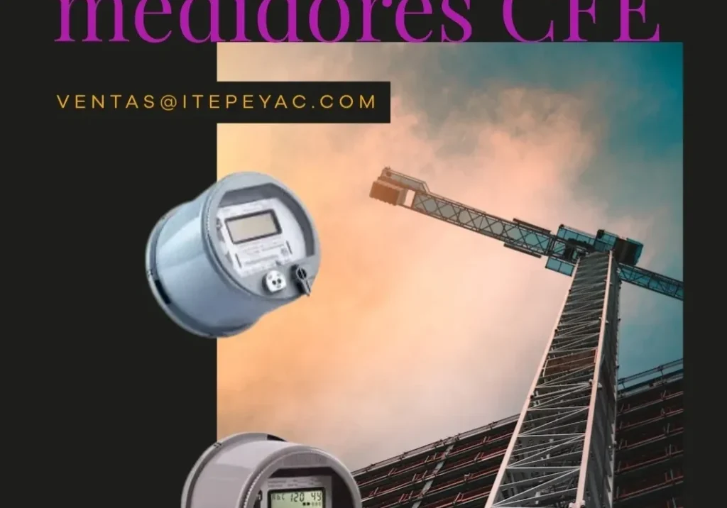 CFE meters with crane and building background.